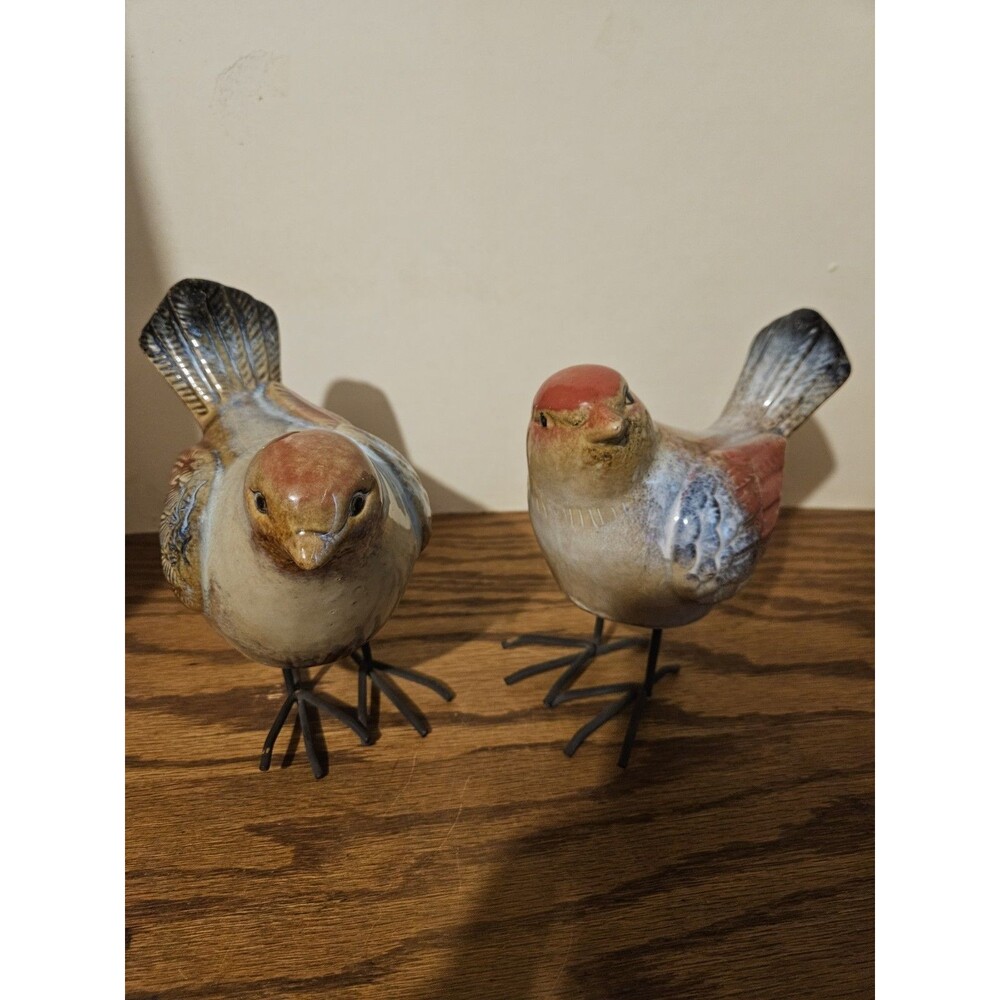 Vintage Ceramic Porcelain Glazed Metal Feet Bird Figurines